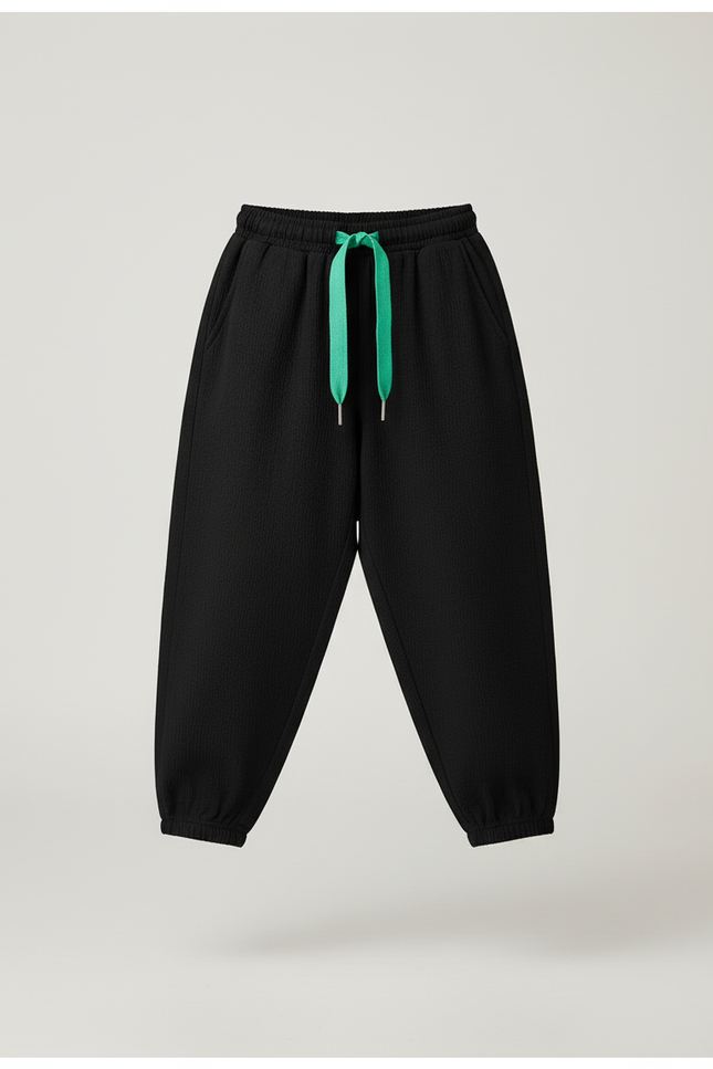 Pantalon Baggy Noir Ample Décontracté Cordon Vert - Coton - vue 3