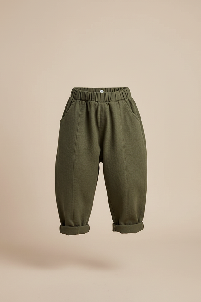 Pantalon Baggy Vert Olive Coton Ample Décontracté Enfant - Kaki Lin - vue 3