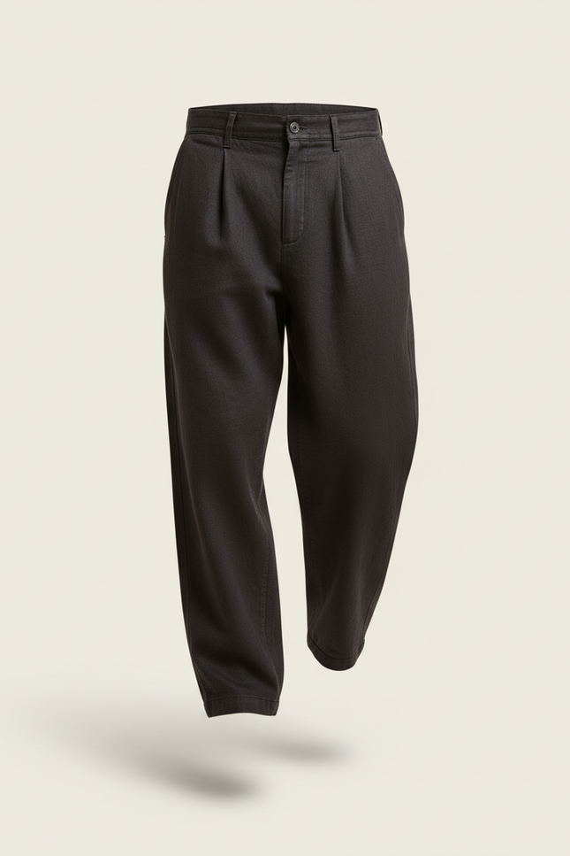 Pantalon Baggy Noir Ample Plissé Coton Décontracté - Lin - vue 3