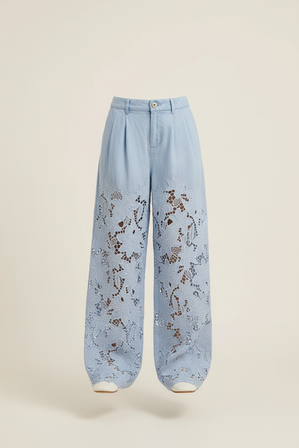 Pantalon Baggy Bleu Jean Ample Dentelle Floral Enfant - vue 3