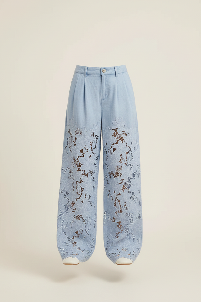 Pantalon Baggy Bleu Jean Ample Dentelle Floral Enfant - vue 3