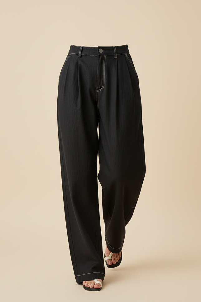 Pantalon Baggy Noir Ample Coton Plissé Femme - Jean - vue 3