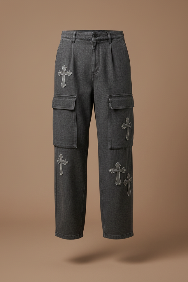 Pantalon Baggy Jean Gris Ample Croix Décontracté - vue 3