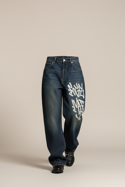 Pantalon Baggy Denim Large Graffiti Urbain Femme - Bleu Jean - vue 3