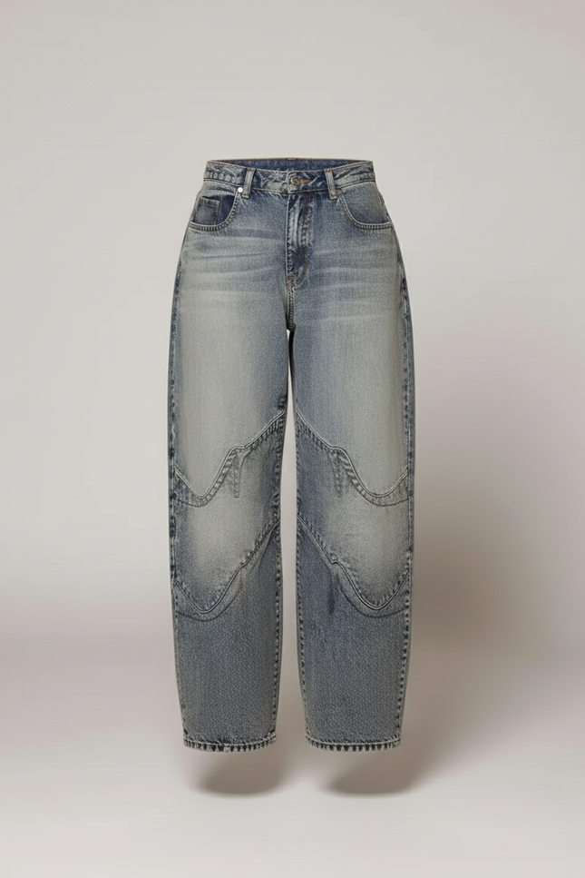 Pantalon Baggy Jean Large Patchwork Bleu Décontracté - vue 3