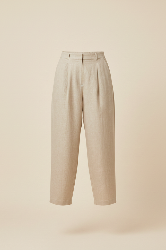Pantalon Baggy Beige Lin Plissé Taille Haute Ample - vue 3