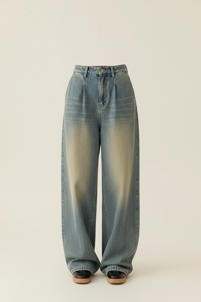 Pantalon Baggy Bleu Jean Ample Délavé Plissé Décontracté - vue 3