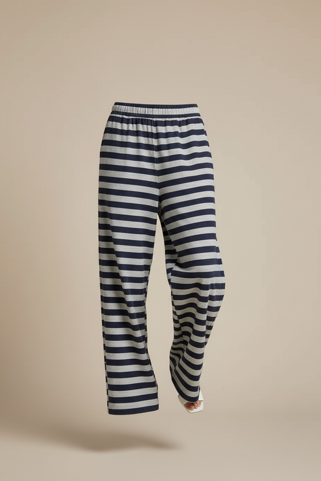 Pantalon Baggy Rayé Bleu Gris Ample Décontracté - Multicolore Molleton - vue 3