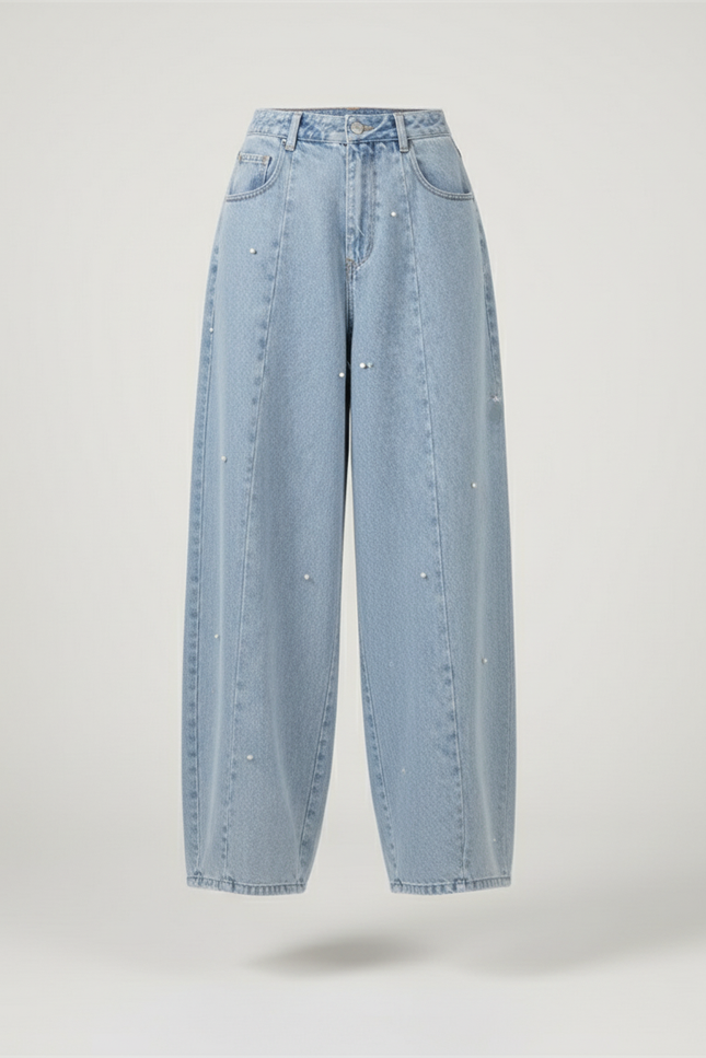 Pantalon Baggy Jean Bleu Perles Élégant Femme - vue 3