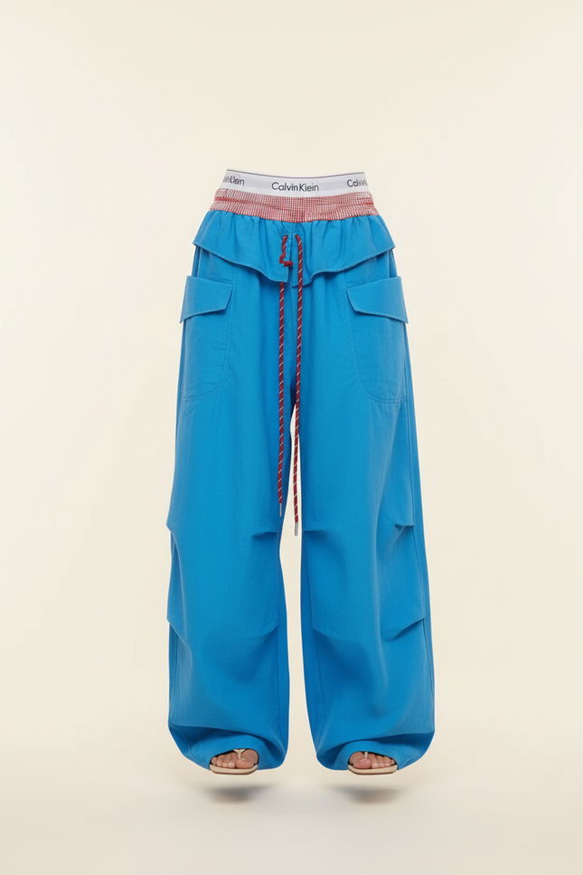 Pantalon Baggy Bleu Cargo Ample Fluide Cordon - Coton - vue 3