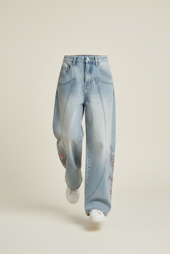 Pantalon Baggy Denim Décontracté Brodé Floral Ample - Bleu Jean - vue 3