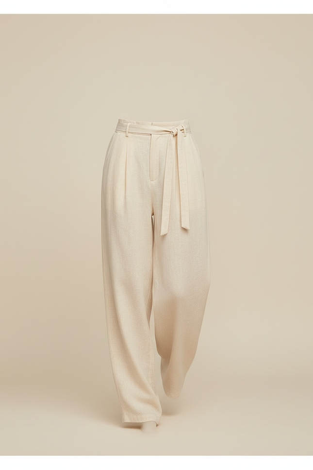 Pantalon Baggy Beige Lin Fluide Plissé Femme - vue 3