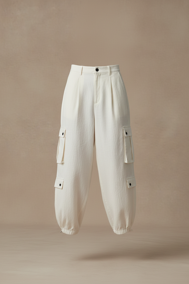 Pantalon Baggy Cargo Écru Ample Coton Femme - Beige - vue 3