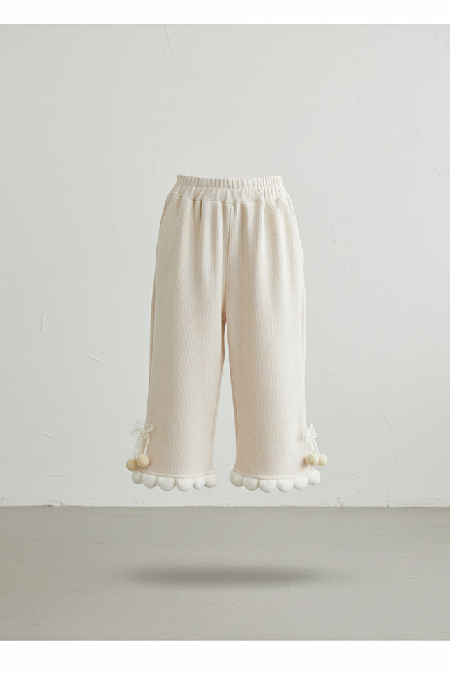 Pantalon Baggy Crème Ample Pompons Scallop Fille - Beige Maille - vue 3