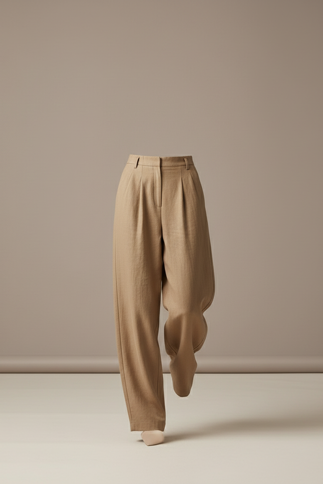 Pantalon Baggy Femme Beige Taille Haute - Camel Laine - vue 3