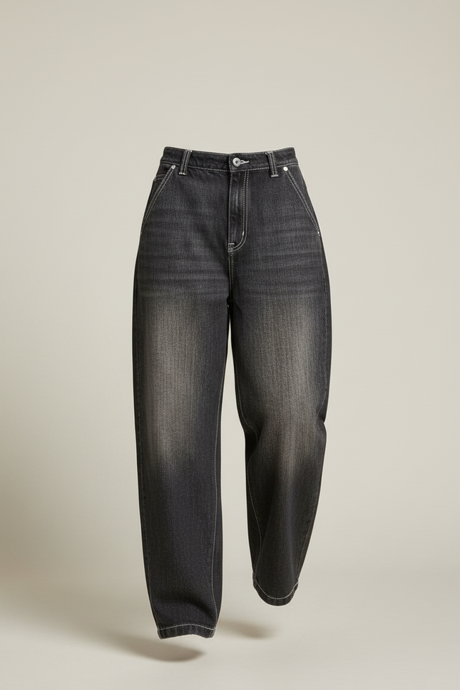 Pantalon Baggy Noir Délavé Ample Surpiqûres Blanches - Jean - vue 3