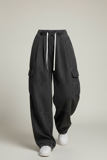 Pantalon Baggy Gris Délavé Ample Cordon Femme - Jean - vue 3