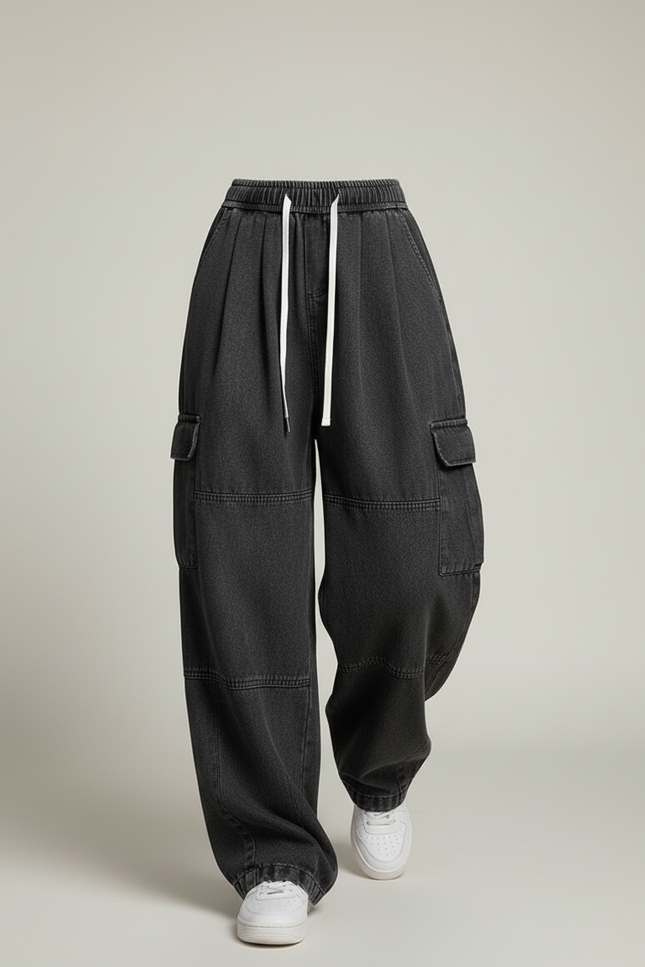 Pantalon Baggy Gris Délavé Ample Cordon Femme - Jean - vue 3