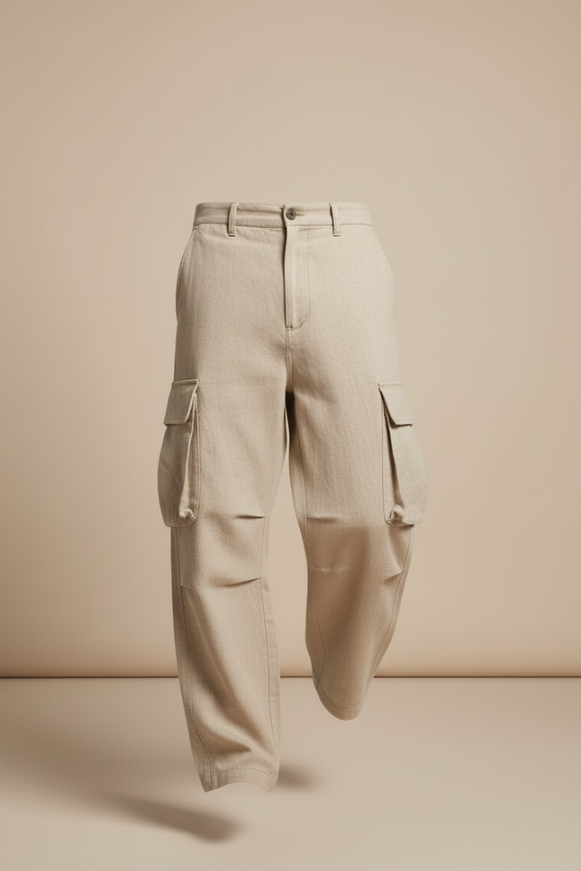 Pantalon Baggy Homme Beige Cargo Toile - Lin - vue 3