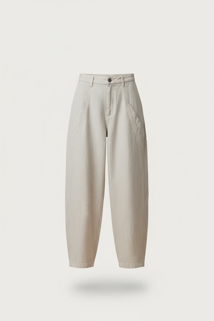 Pantalon Baggy Beige Ample Taille Haute Décontracté Femme - Lin - vue 3