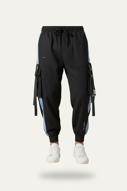Pantalon Baggy Noir Cargo Bandes Bleues Cordon Homme - Polyester - vue 3