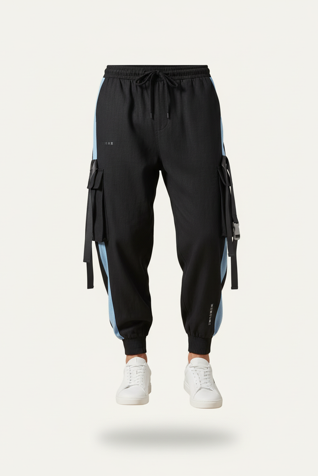 Pantalon Baggy Noir Cargo Bandes Bleues Cordon Homme - Polyester - vue 3