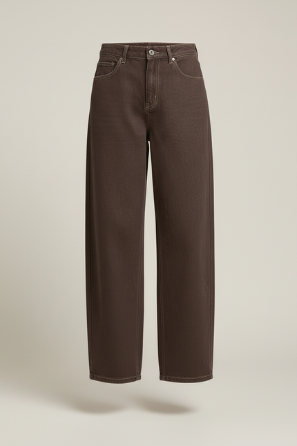 Pantalon Baggy Marron Ample Taille Haute Jean Femme - vue 3