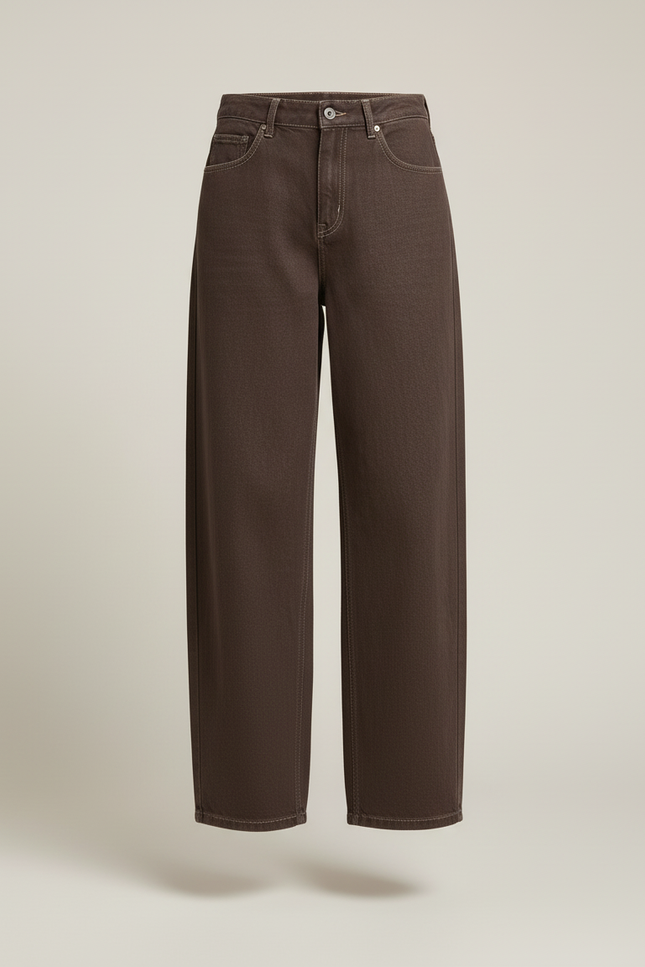 Pantalon Baggy Marron Ample Taille Haute Jean Femme - vue 3