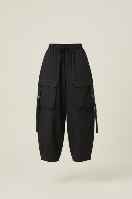 Pantalon Baggy Noir Cargo Ample Multifonction - Polyester - vue 3