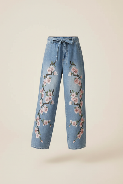 Pantalon Baggy Denim Brodé Fleuri Ample Enfant - Bleu Jean - vue 3
