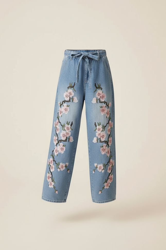 Pantalon Baggy Denim Brodé Fleuri Ample Enfant - Bleu Jean - vue 3