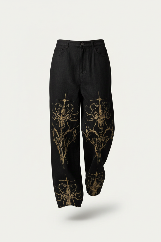 Pantalon Baggy Noir Brodé Or Ample Gothique - Jean - vue 3