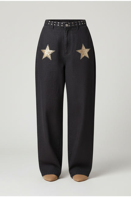 Pantalon Baggy Noir Étoiles Dorées Ample Denim Femme - Jean - vue 3
