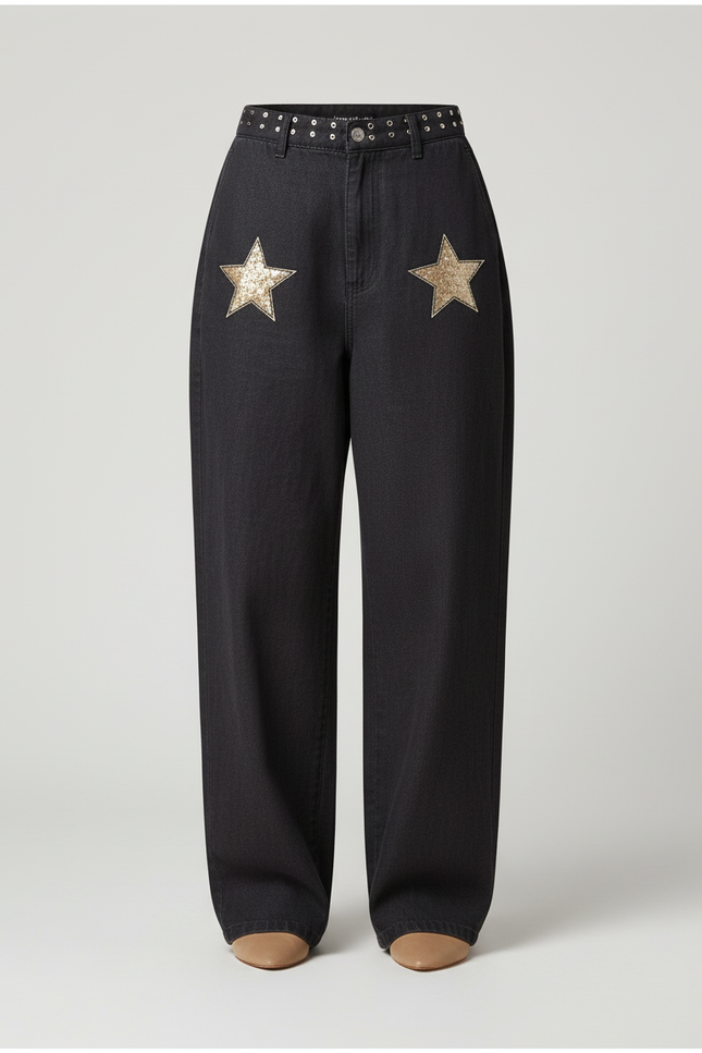 Pantalon Baggy Noir Étoiles Dorées Ample Denim Femme - Jean - vue 3