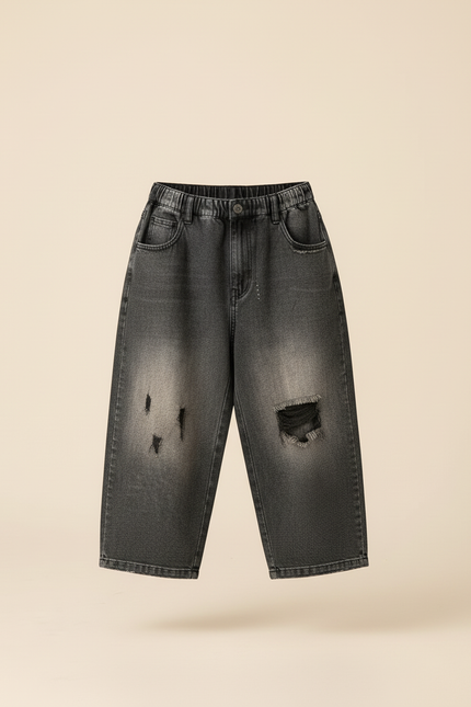 Pantalon Baggy Noir Délavé Ample Déchiré Enfant - Gris Jean - vue 3