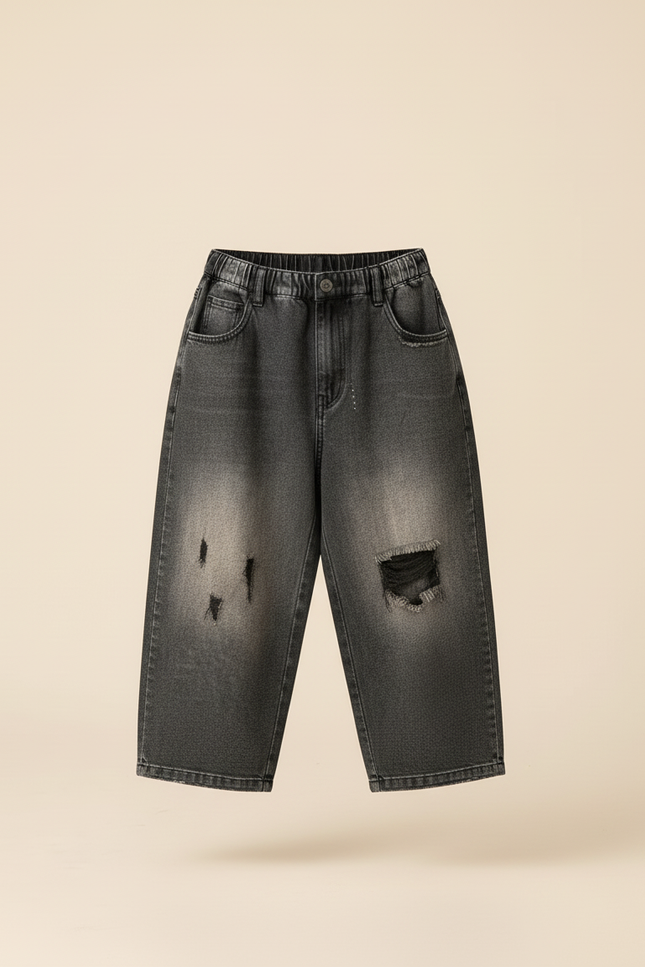 Pantalon Baggy Noir Délavé Ample Déchiré Enfant - Gris Jean - vue 3