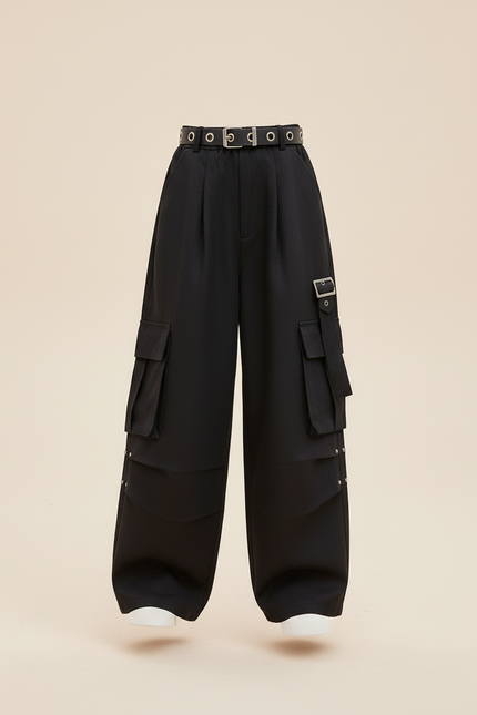 Pantalon Baggy Noir Cargo Ample Streetwear Fille - Gabardine - vue 3