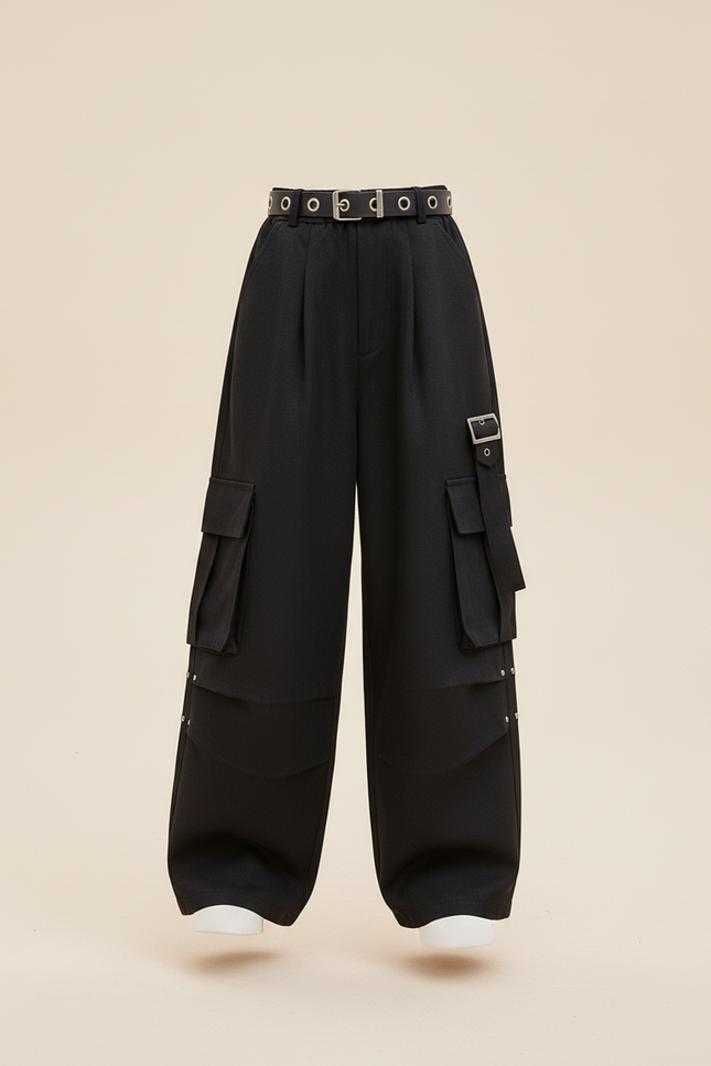 Pantalon Baggy Noir Cargo Ample Streetwear Fille - Gabardine - vue 3