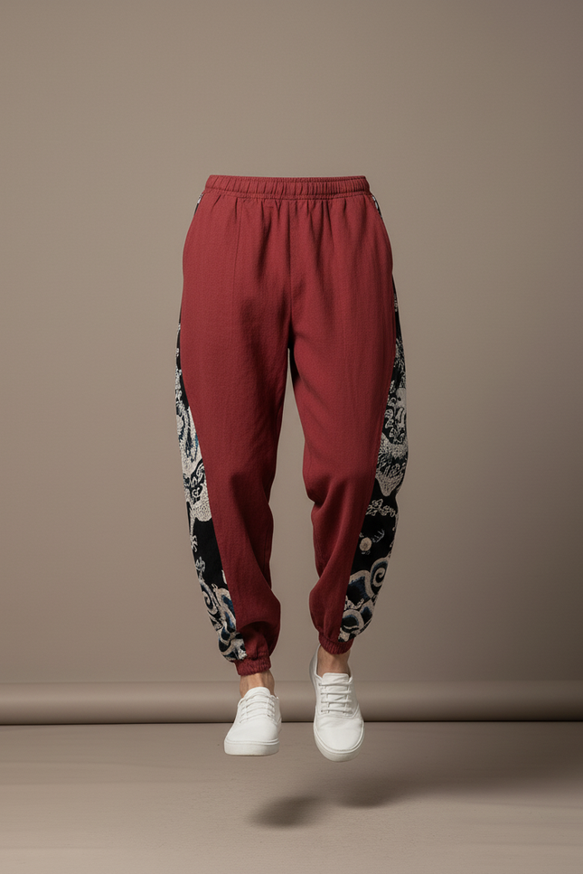 Pantalon Baggy Rouge Coton Lin Dragon Homme - Bordeaux - vue 3