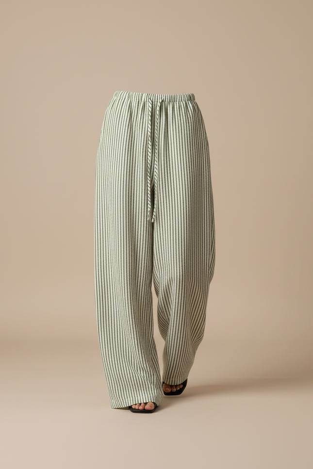 Pantalon Baggy Rayé Vert Ample Fluide Cordon Femme - Lin - vue 3