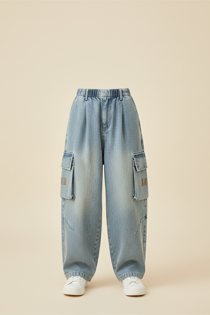 Pantalon Baggy Jean Cargo Ample Enfant Garçon - Bleu - vue 3