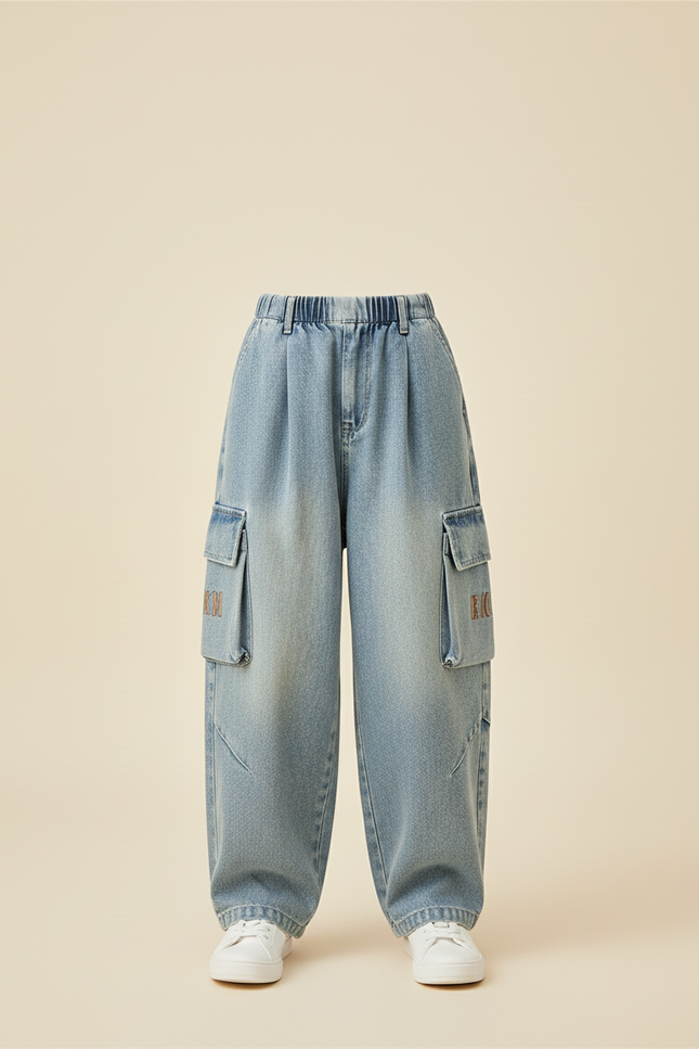 Pantalon Baggy Jean Cargo Ample Enfant Garçon - Bleu - vue 3