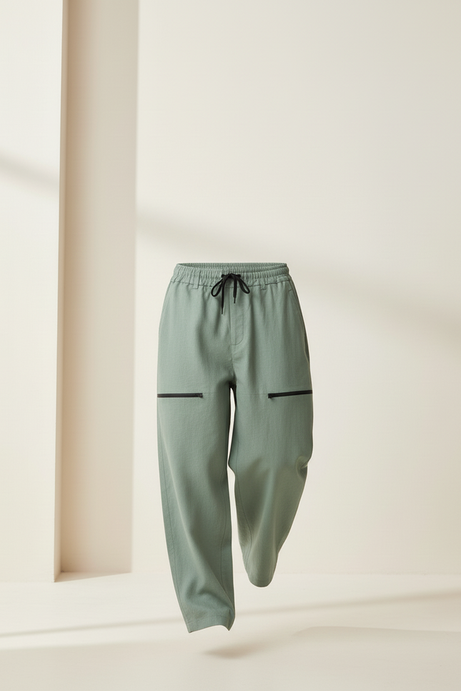 Pantalon Baggy Vert Menthe Ample Zippé Homme - Lin - vue 3