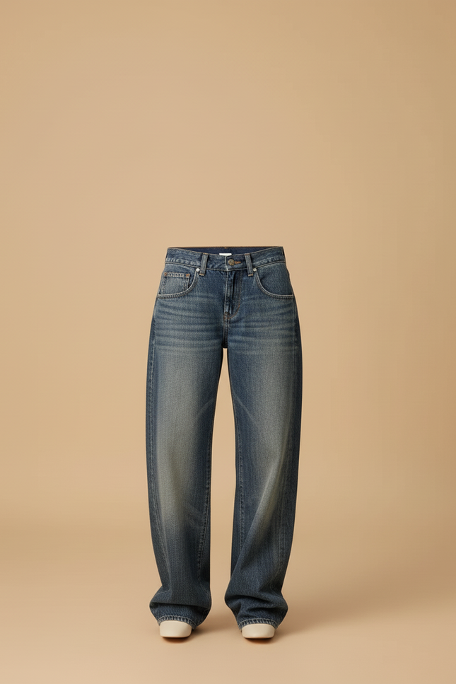 Pantalon Baggy Jean Bleu Droit Ample Décontracté - vue 3