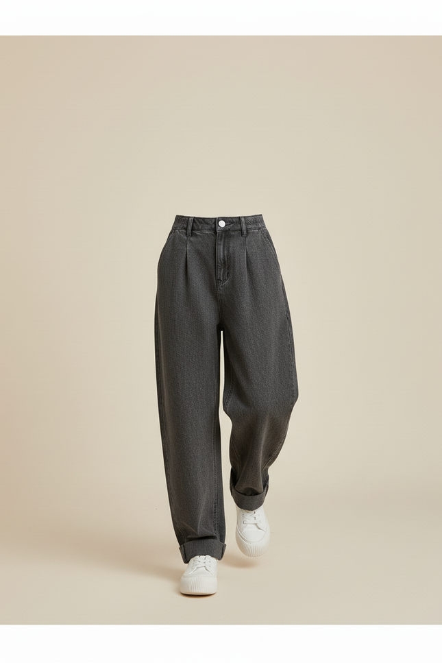 Pantalon Baggy Jean Gris Ample Plissé Confortable - vue 3