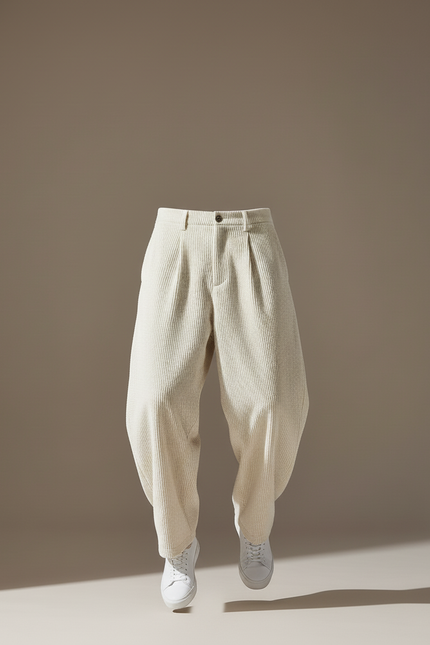 Pantalon Baggy Côtelé Crème Ample Décontracté Homme - Beige Cordé - vue 3