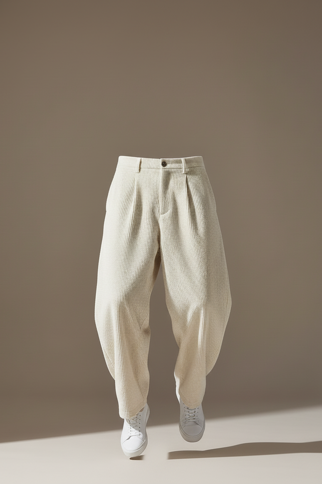 Pantalon Baggy Côtelé Crème Ample Décontracté Homme - Beige Cordé - vue 3