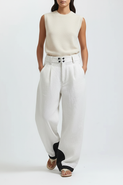 Pantalon Baggy Lin Clair Large Élégant Contrasté - Beige - vue 3