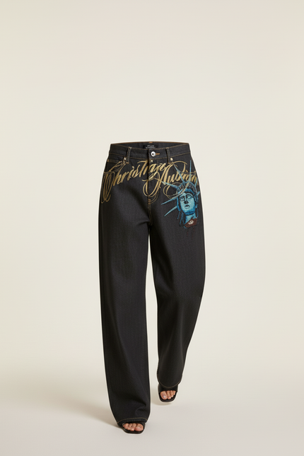 Pantalon Baggy Noir Denim Large Imprimé Statue Brodé - Jean - vue 3