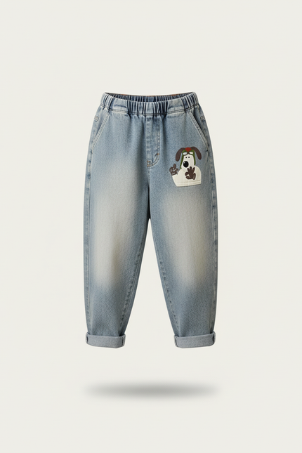 Pantalon Baggy Jean Bleu Délavé Ample Brodé - vue 3